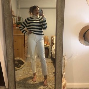Green and white striped turtleneck sweater